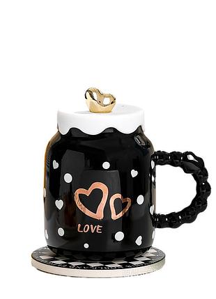 Чашка керамічна 400 мл з кришкою чорна в білий горошок тм китай