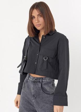 Укороченная женская рубашка с накладным карманом - черный цвет, s (есть размеры)