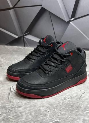 Зимние мужские кроссовки, ботинки jr на меху из натуральной кожи черный с красным
