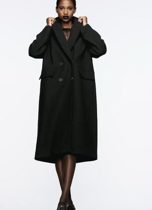 Пальто зара двубортное zara черное базовое с шерстью с шерстью