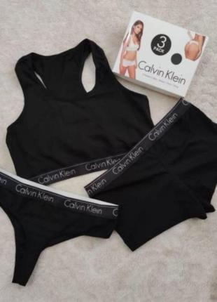 В наличии женский набор нижнего белья calvin klein 3 в 1- топ + стринги + шорты черные xl
