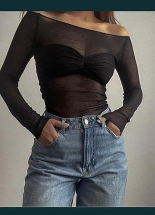 Прозрачный лонгслив в сеточку открытые плечи