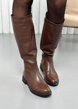 Сапоги женские кожаные коричневые зимние на овчине
