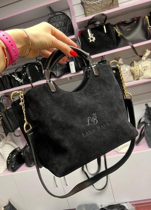 Чорна — натуральний замш — lady bags — стильна сумка на 3 відділення — фурнітура золото — топ продажів (2049-1)