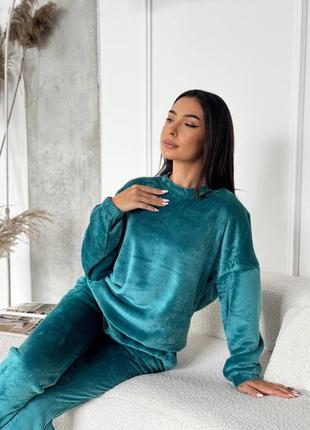 Пижама женская теплая махровая утепленная мехом осень зимняя на осень зима бежевая коричневая серая розовая белая домашний костюм штаны кофта плюшевая