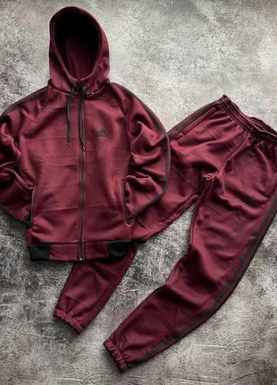 Зимний теплый мужской спортивный костюм бордовый adidas