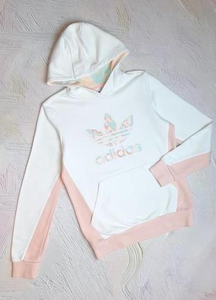 💝2+1=4 брендовое белое женское худи с капюшоном свитшот adidas, размер 44 - 46