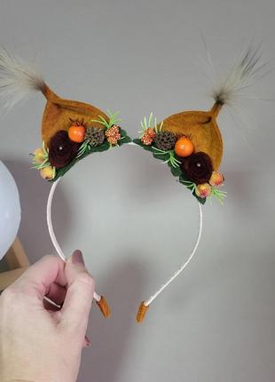 Обруч с ушками белочки, обруч к карнавальному костюму белочка, уши белки с кисточками