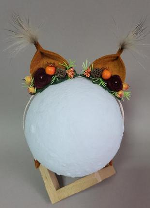 Обруч с ушками белочки, обруч к карнавальному костюму белочка, уши белки с кисточками