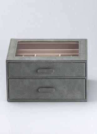 Скринька органайзер для прикрас біжутерії прямокутна на два яруси з екошкіри 24.5 х 17.5 х 14 см сіра6 фото