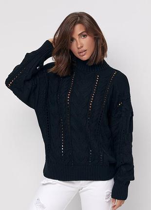 Светр жіночий в'язаний оверсайз з коміром стійкою, колір чорний. модель 241