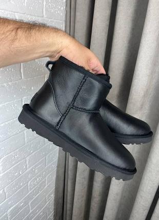 Жіночі уггі ugg classic mini black leather міні чорного кольору шкіра
