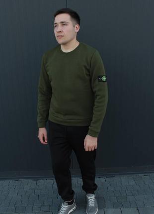 Хакі чоловічий світшот утеплений на флісі в стилі stone island2 фото