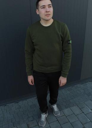 Хакі чоловічий світшот утеплений на флісі в стилі stone island