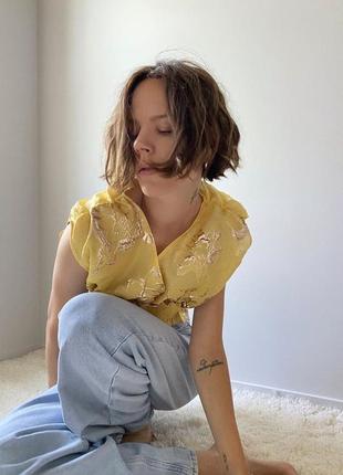 Новий жаккардовий жовтий топ із лімітованої колекції, золота вишивка zara