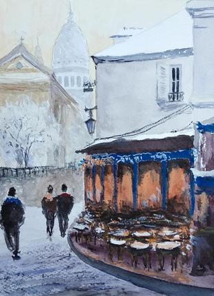 Картина акварелью «заснеженая улица», купить картину на подарок, пейзаж акварелью, картина