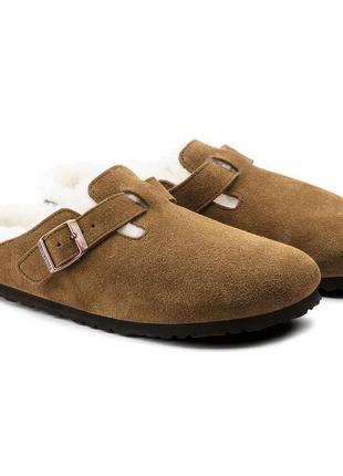 Замшеві сабо birkenstock з утеплювачем з натурального хутра ягня