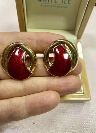 Винтажные серьги золотистые красные эмаль американский винтаж