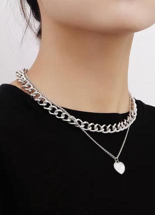 Двойная цепь на шею цепочка на шейю с подвеской сердечко лолитое ожерелье колье y2k