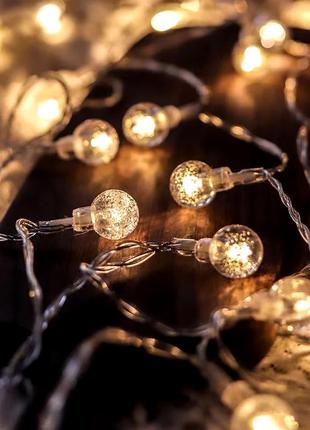 Светодиодная led гирлянда на батарейках, теплый белый, 4.5 метров, статическая, мигающая, шарики.