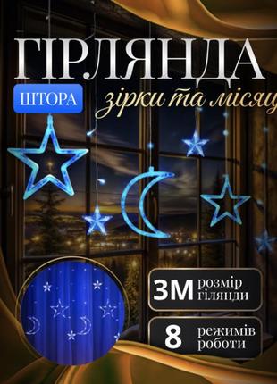 Гірлянда-штора луна та зірки розмір 3*0,9 м 12 фігур, синій гірлянда на вікно декоративна гірлянда фігурки