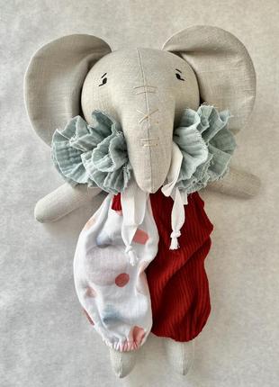 Текстильная кукла ручной работы, декоративная мягкая игрушка слоник из льна (62033)