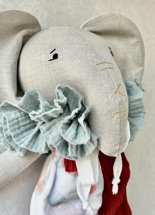 Текстильная кукла ручной работы, декоративная мягкая игрушка слоник из льна (62033)
