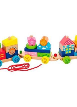 Дерев'яна каталка-поїзд viga toys барвисті кубики (50089)