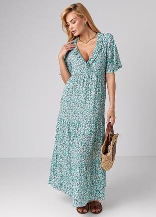 Довга сукня з оборкою та квітковим принтом - зелений цвет, xs (є розміри)
