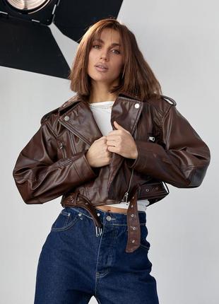 Жіноча коротка косуха з екошкіри - коричневий цвет, l (є розміри)