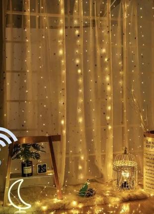 Світлодіодна новорічна гірлянда-штора крапля роси 3х3м 300led usb з пультом ду теплий біле світло tktk