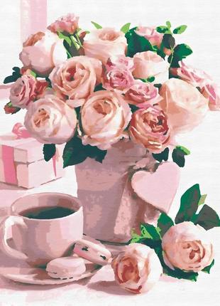 Картина за номерами натюрморт. квіти, кава та макаронс для коханої 40*50 см рив'єра бланка rb-0242