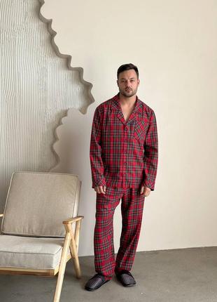 Чоловічий домашній червоний костюм піжама у клітину фланель family look сорочка довгий рукав на гудзиках штани
