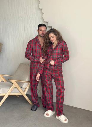 Чоловічий домашній червоний костюм піжама у клітину фланель family look сорочка довгий рукав на гудзиках штани8 фото