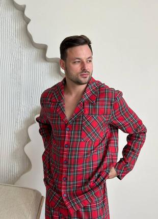 Чоловічий домашній червоний костюм піжама у клітину фланель family look сорочка довгий рукав на гудзиках штани3 фото