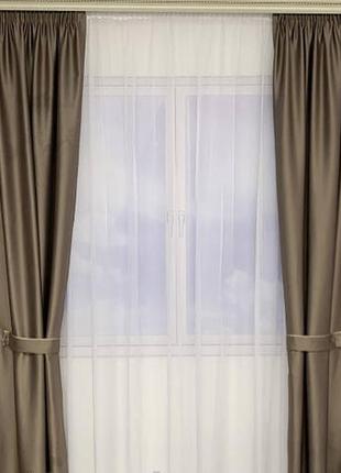 Готовые шторы в спальню, шторы из атласа, шторы в детскую комнату серо-бежевые