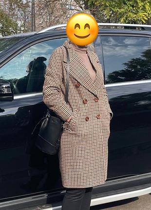 Шерстяне коричнево-бежеве демісезонне пряме пальто в клітинку гусячу лапку 70% вовна