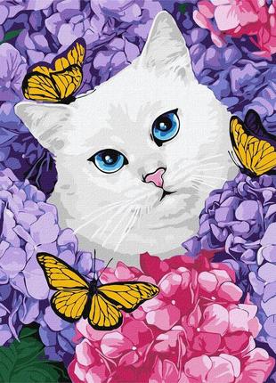 Картина по номерам белый котик в цветах с бабочками 40*50 см идейка kho 6537