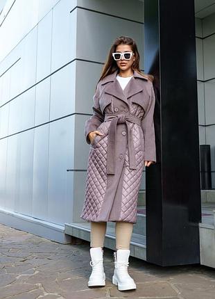 Демисезонное комбинированное пальто из кашемира и стеганной плащевки с отложным воротником
