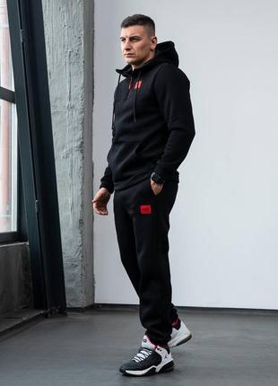 Мужской утепленный спортивный костюм в стиле hugo boss хюго бос осень зима трехнитка с начесом черный s-xxl