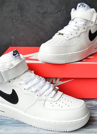 Nike air force lf-1 кроссовки кеды ботинки сапоги мужские высокие зимние с мехом кожаные топ качество теплые найк форс белые с черной на липучке лицензия