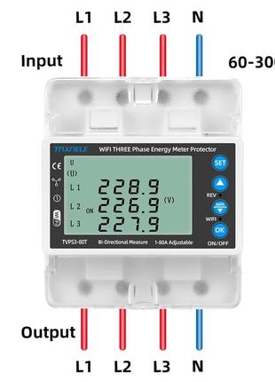 3-х фазный wifi счетчик до 80 ампер earu с монохромным lcd экраном и защитными функциями tuya/smart life