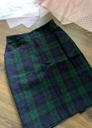 Синяя зеленая мини юбка в клетку шерстяная шерсть marks spencer