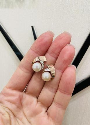 Срібні сережки з золотими накладками та перлиною 925 проба