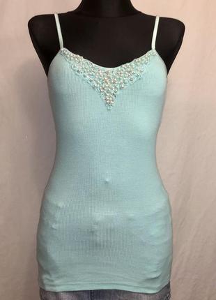 Голубая майка в рубчик с бисером vintage 2000s y2k