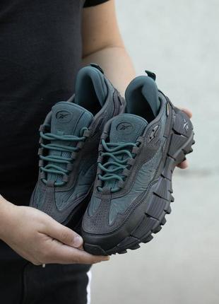 Кроссовки женские / мужские серые зеленые с кожи осенние весенние летние reebok zig kinetica edge cordura 'grey/hoop