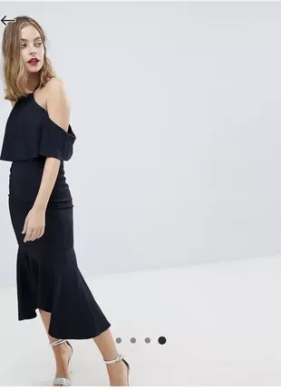 Брендова коктельна довга чорна сукня міді з баскою від asos