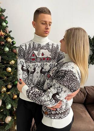 Парные свитера с оленями с горлом туречица