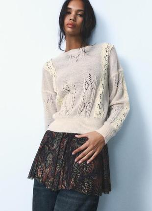 Ажурный свитер бежевый с кружевом zara new