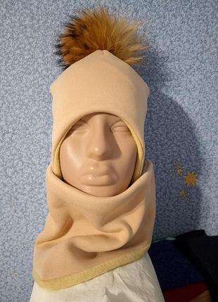 Зимний комплект шапка хомут с натуральным мехом